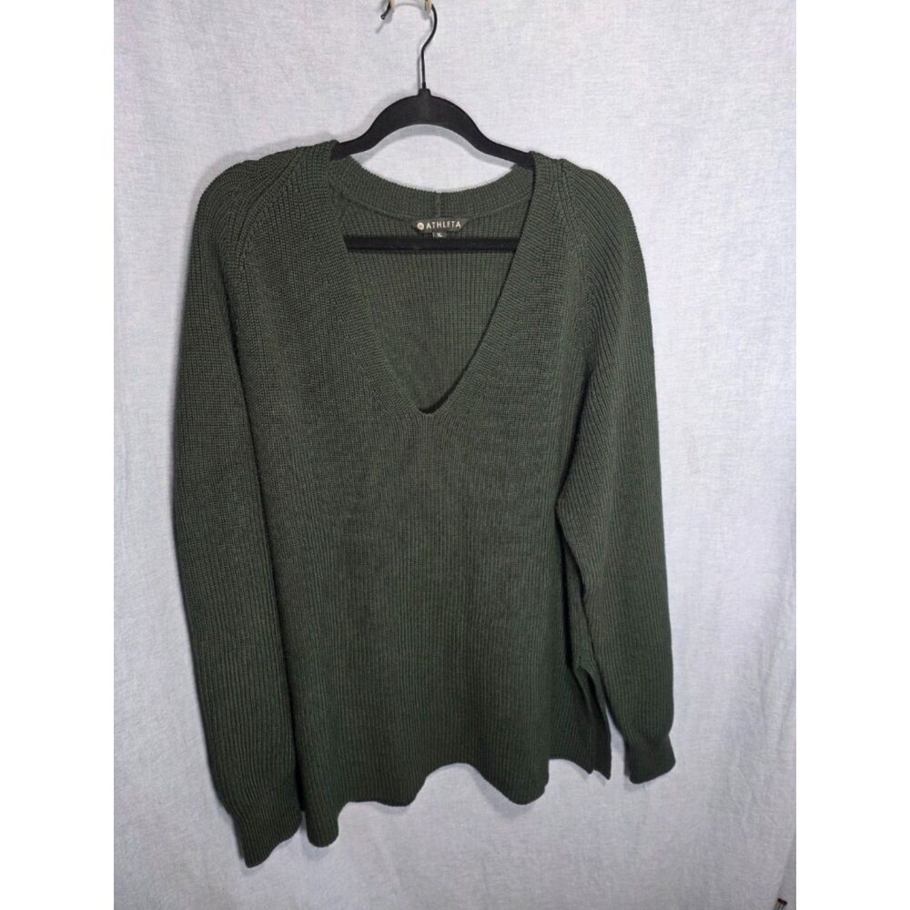 Athleta Womens XL Dark Green Ribbed Merino Wool Blend V-Neck Sweater Tunic